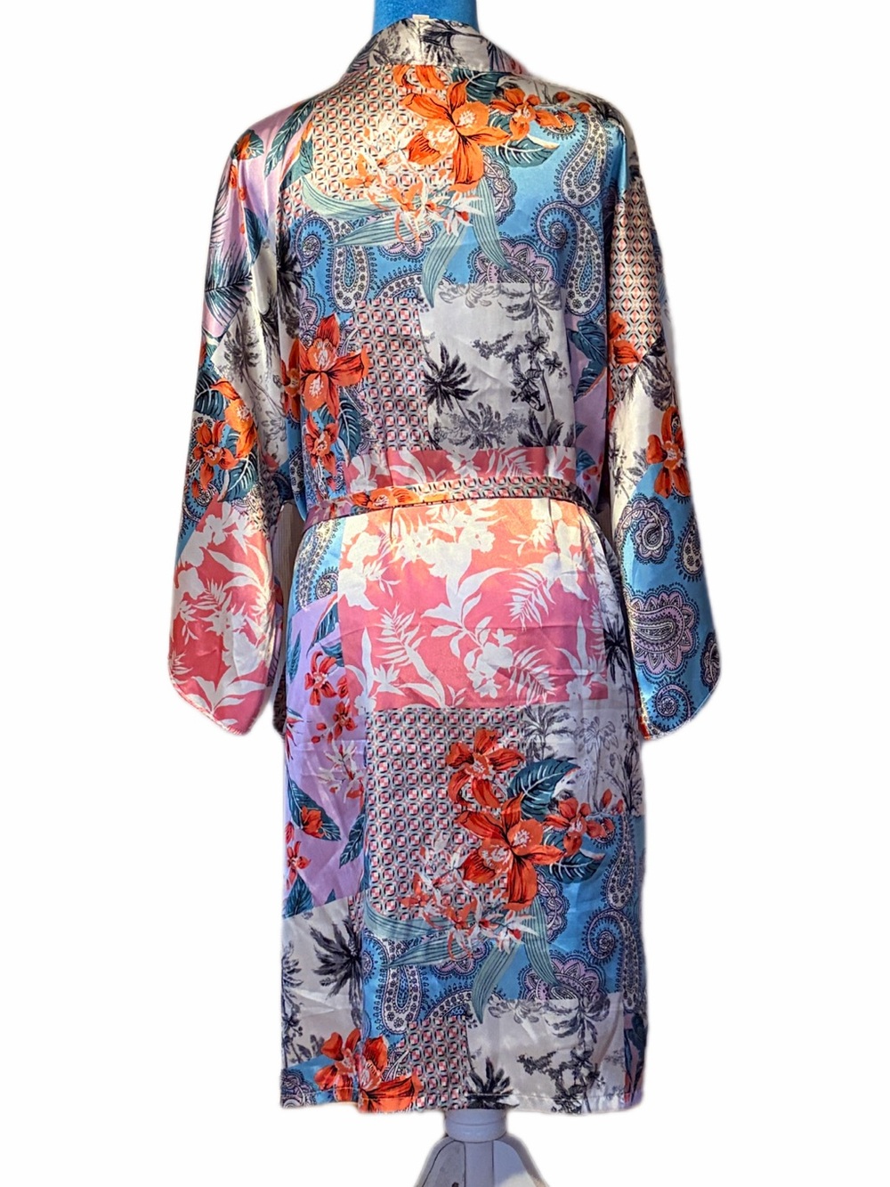 XXL Silky Patchwork Lounge Robe - Pink, Blue & Orange Floral Kimono - Picture 2 of 8